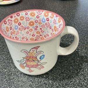 Floral Rim Ceramic Mug with Bunny Illustration - Pink Accents